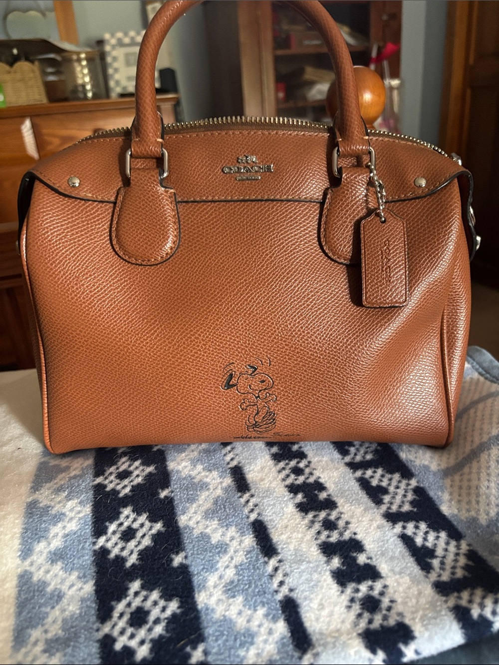 Coach Tan Leather Satchel with Snoopy Accent